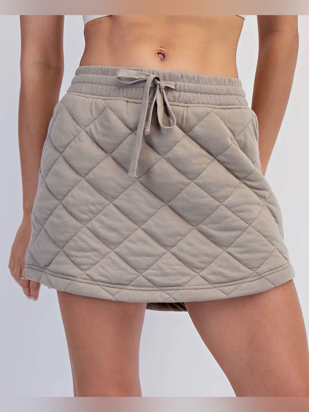 Quilted Drawstring Mini Skirt - Taupe
